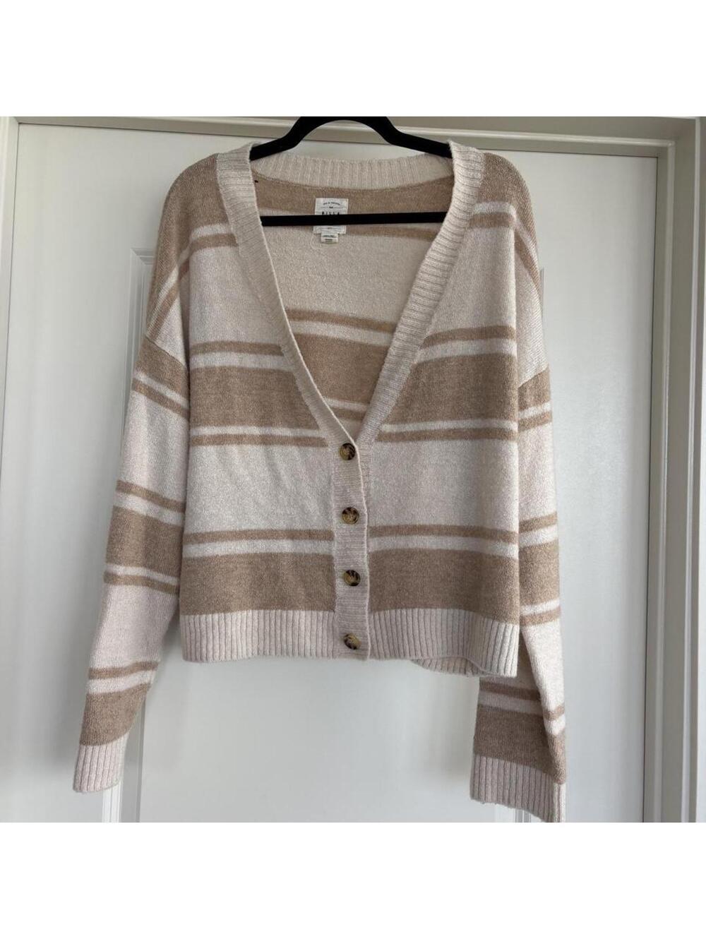 Billabong Cream & Tan Striped Preppy Cardigan Knit Sweater XL